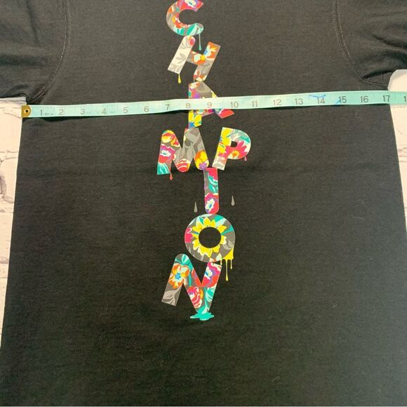 CHAMPION Men’s Happy Color Abstract Black T-Shirt Big Spell Out Cheerful Graphic - Picture 9 of 9